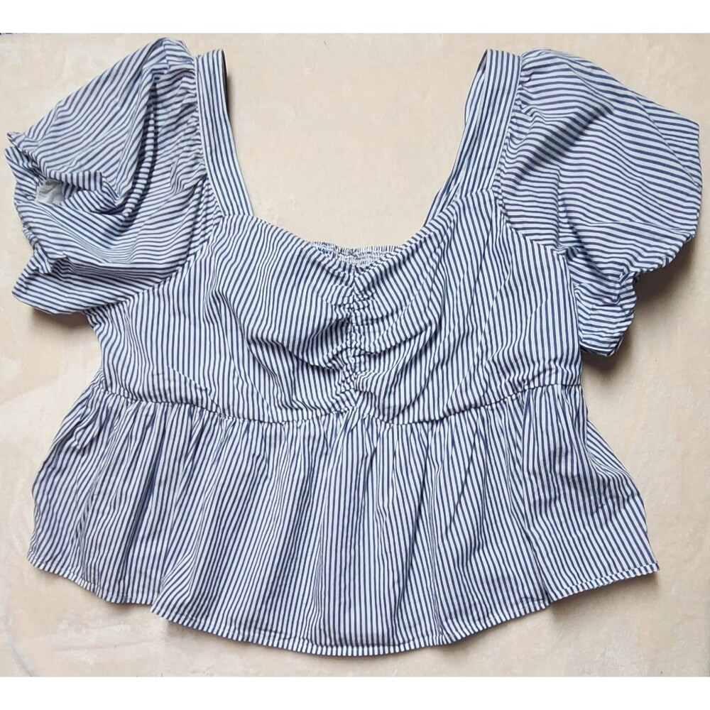 OLD NAVY Boho Blue Striped Cropped Top Women's Size 4X Puffed Sleeves